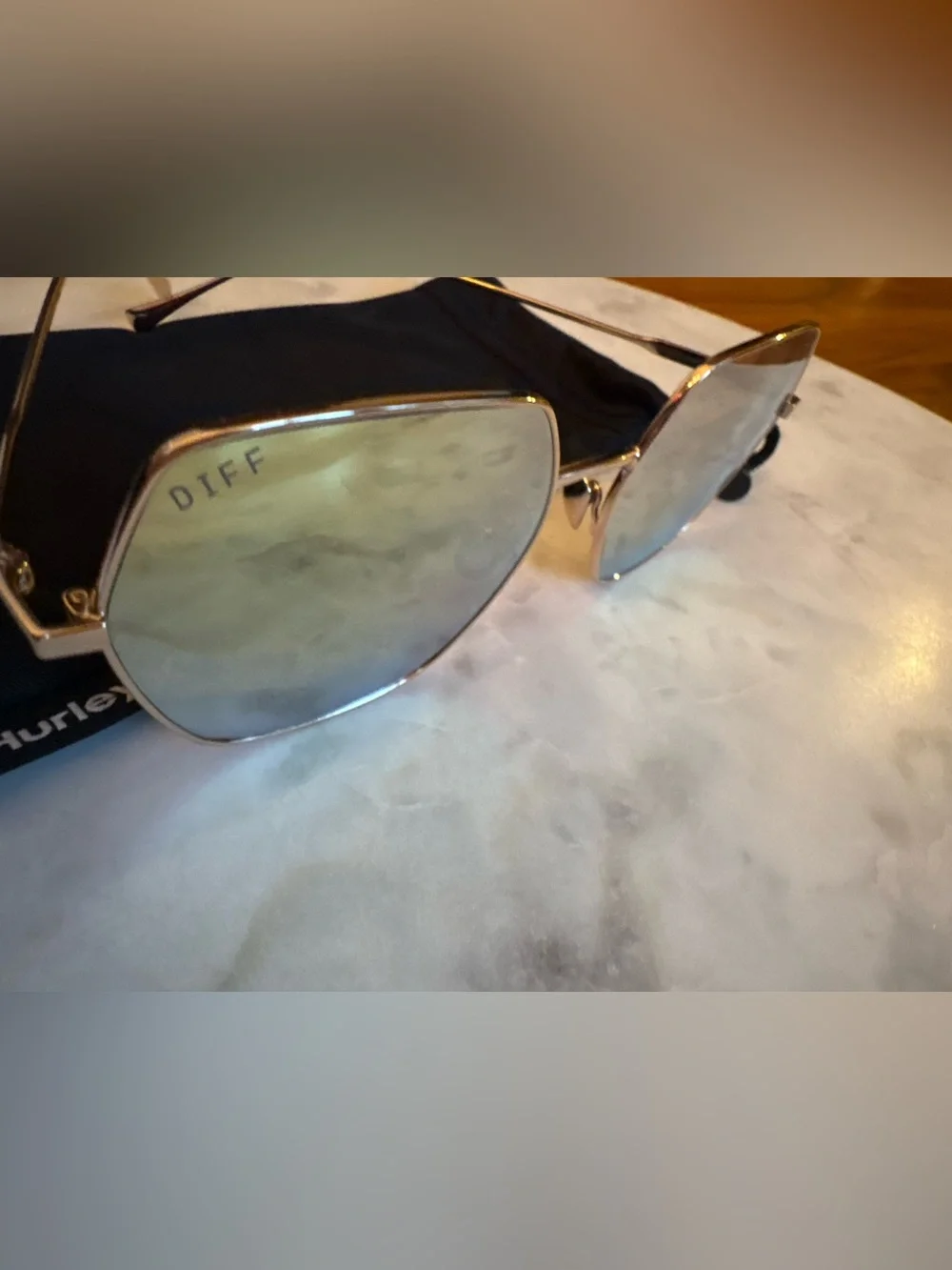 DIFF Geometric Hexagon Gold Mirrored Lens Sunglasses - Gold Frame, NEW